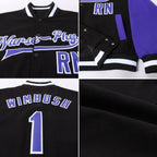 Custom Black Purple-White Bomber Full-Snap Varsity Letterman Two Tone Jacket photo 4