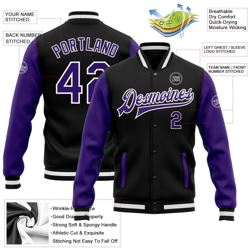 Custom Black Purple-White Bomber Full-Snap Varsity Letterman Two Tone Jacket photo 5