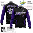 Custom Black Purple-White Bomber Full-Snap Varsity Letterman Two Tone Jacket photo 5