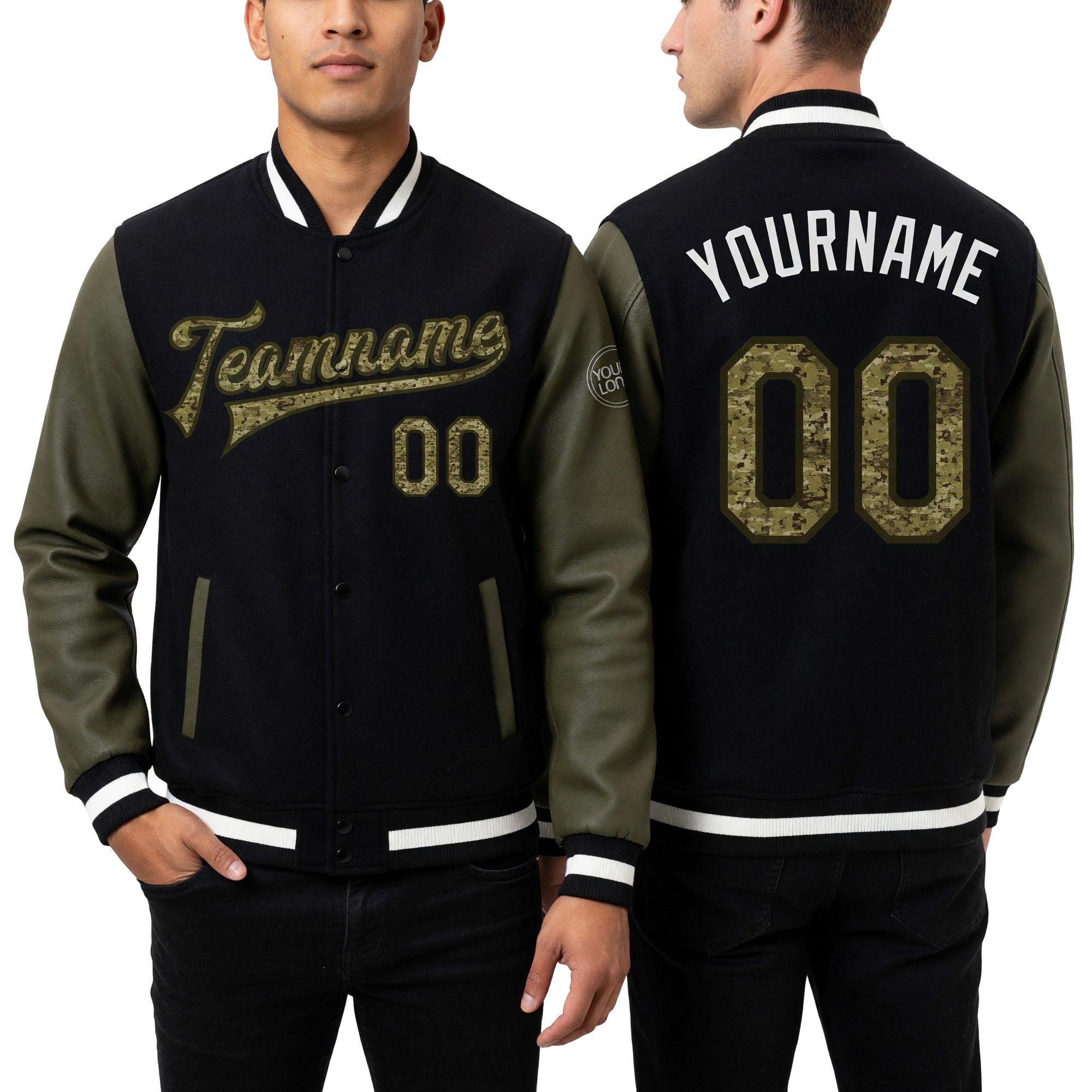 Custom Black Camo-Olive Bomber Full-Snap Varsity Letterman Two Tone Jacket worn front and back