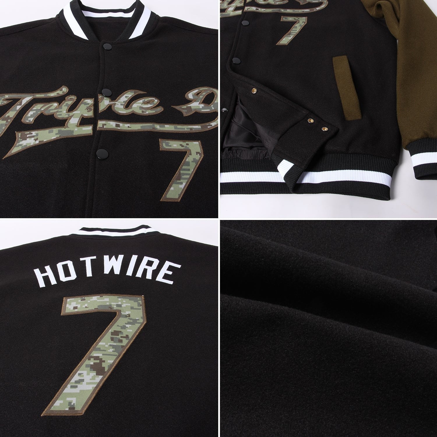 Custom Black Camo-Olive Bomber Full-Snap Varsity Letterman Two Tone Jacket photo 4