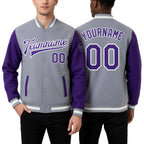 Custom Gray Purple-White Bomber Full-Snap Varsity Letterman Two Tone Jacket worn front and back
