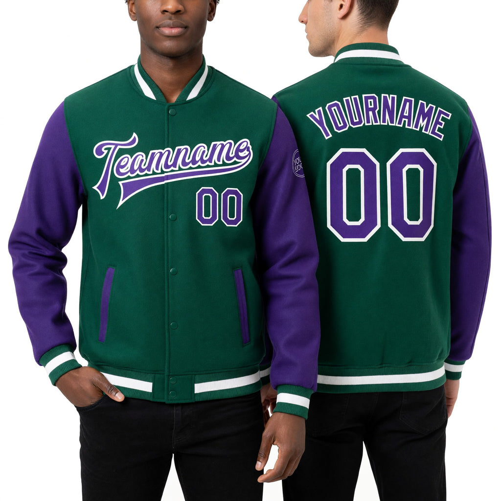 Custom Kelly Green Purple-White Bomber Full-Snap Varsity Letterman Two Tone Jacket worn front and back
