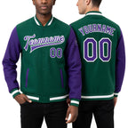 Custom Kelly Green Purple-White Bomber Full-Snap Varsity Letterman Two Tone Jacket worn front and back