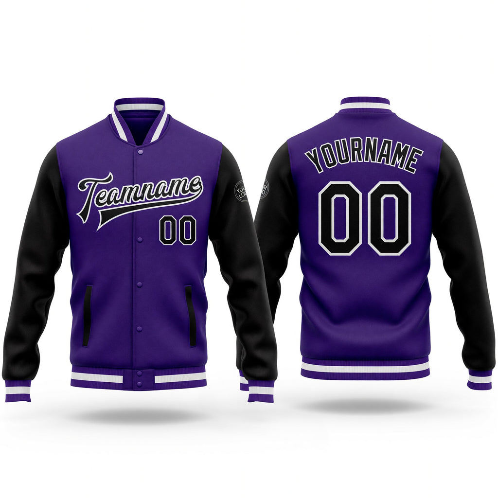 Custom Purple Black-White Bomber Full-Snap Varsity Letterman Two Tone Jacket