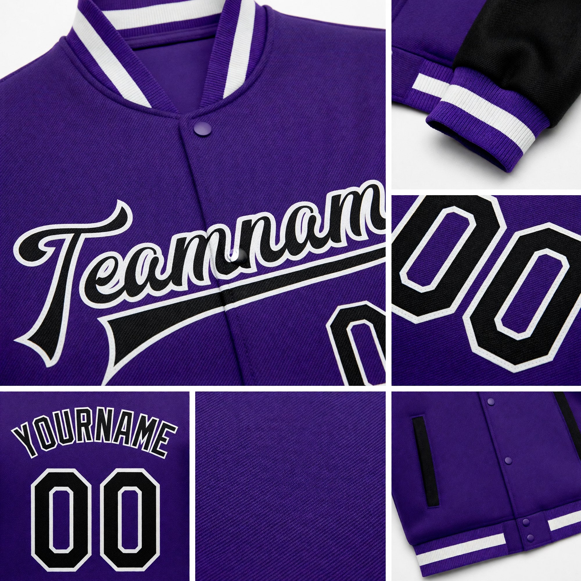 Custom Purple Black-White Bomber Full-Snap Varsity Letterman Two Tone Jacket detail