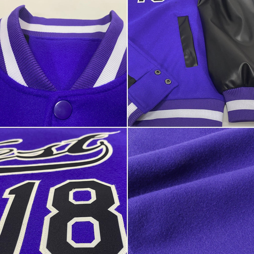 Custom Purple Black-White Bomber Full-Snap Varsity Letterman Two Tone Jacket photo 4