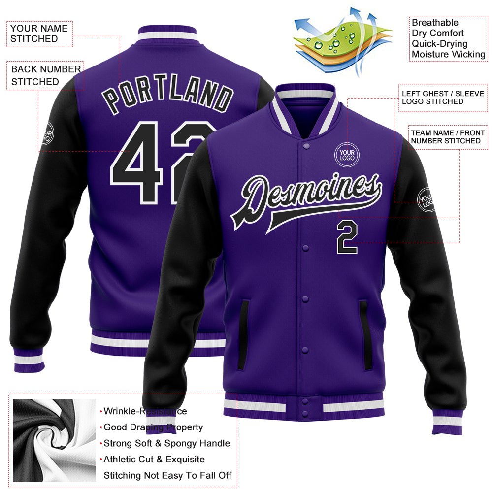 Custom Purple Black-White Bomber Full-Snap Varsity Letterman Two Tone Jacket photo 5