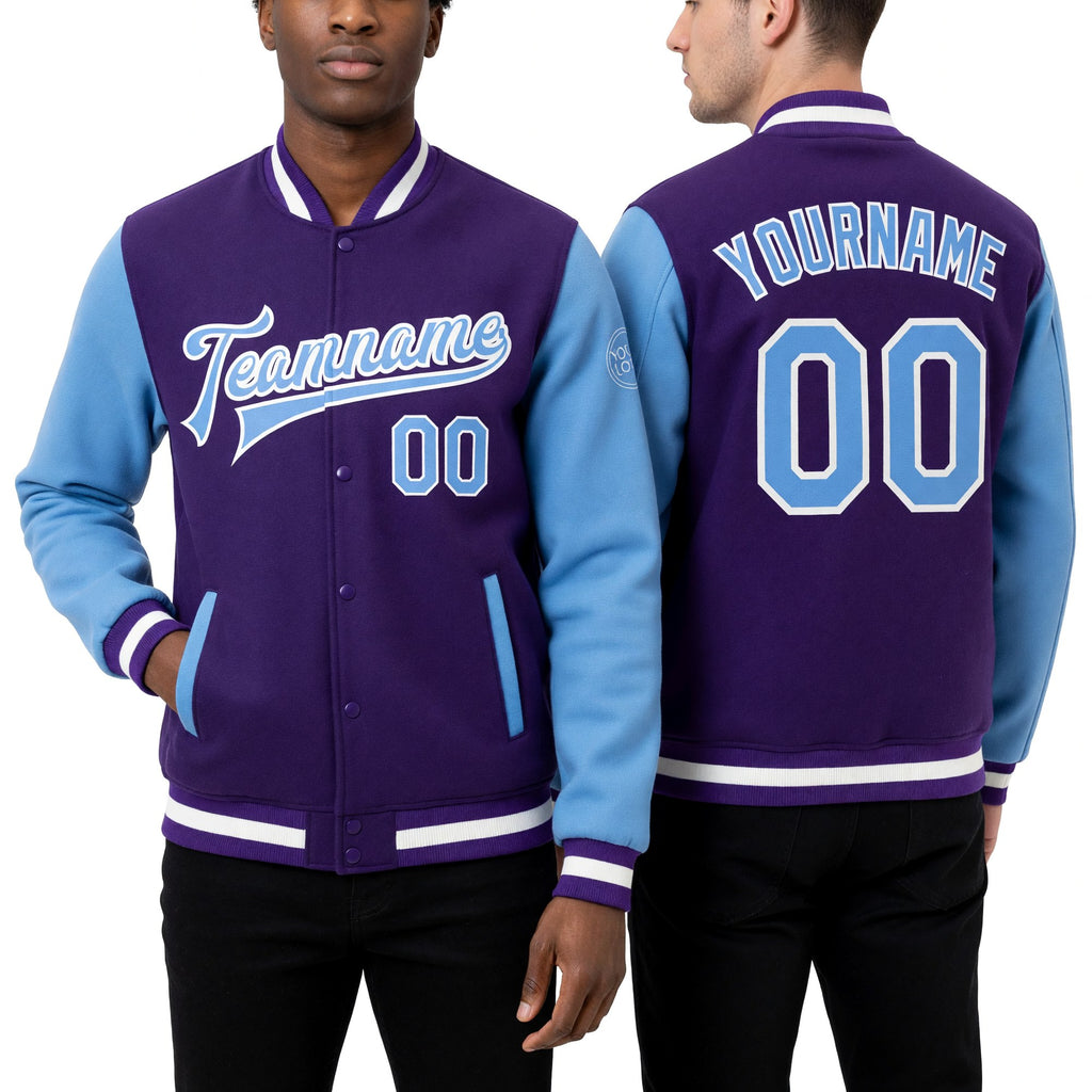 Custom Purple Light Blue-White Bomber Full-Snap Varsity Letterman Two Tone Jacket worn front and back