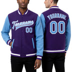 Custom Purple Light Blue-White Bomber Full-Snap Varsity Letterman Two Tone Jacket worn front and back
