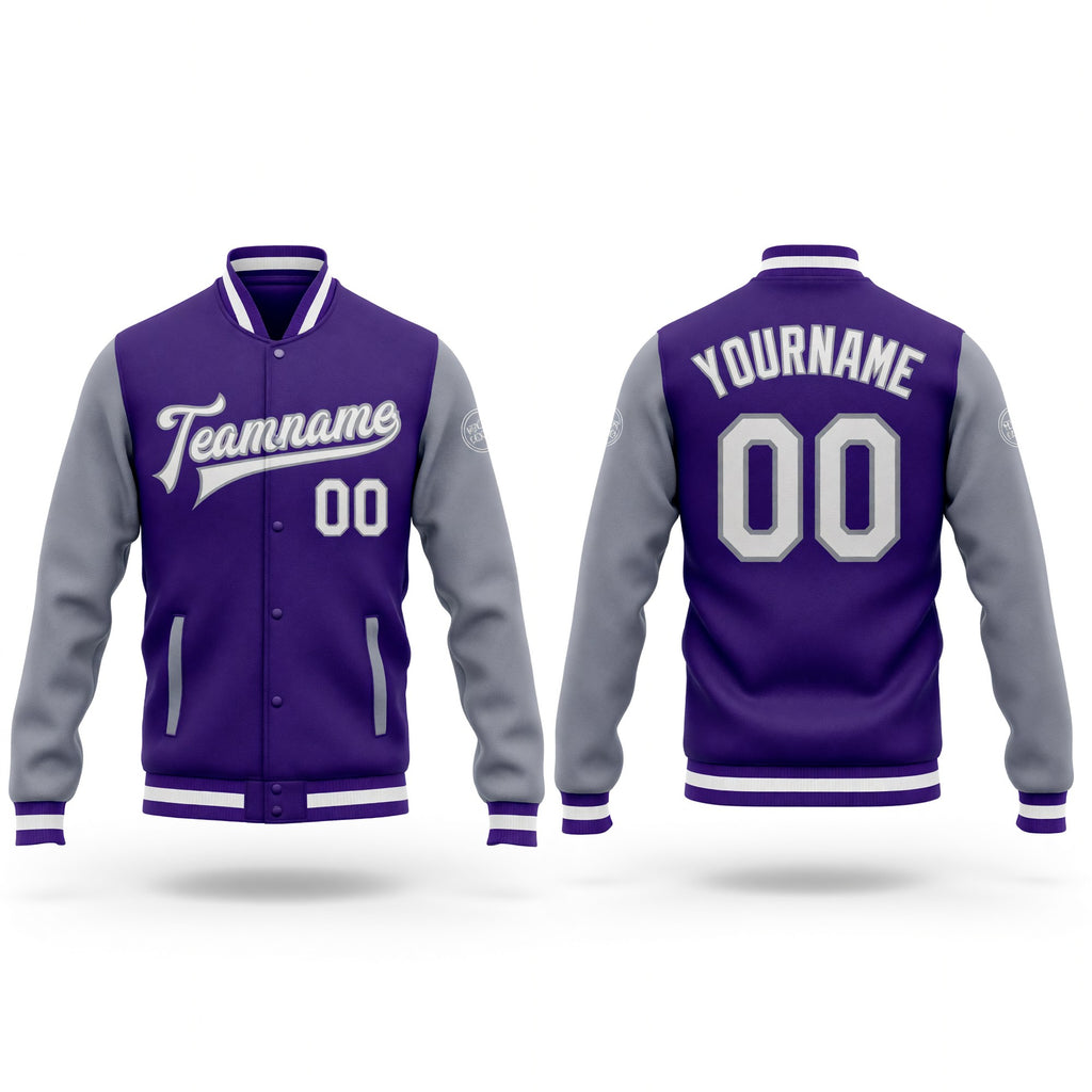 Custom Purple White-Gray Bomber Full-Snap Varsity Letterman Two Tone Jacket