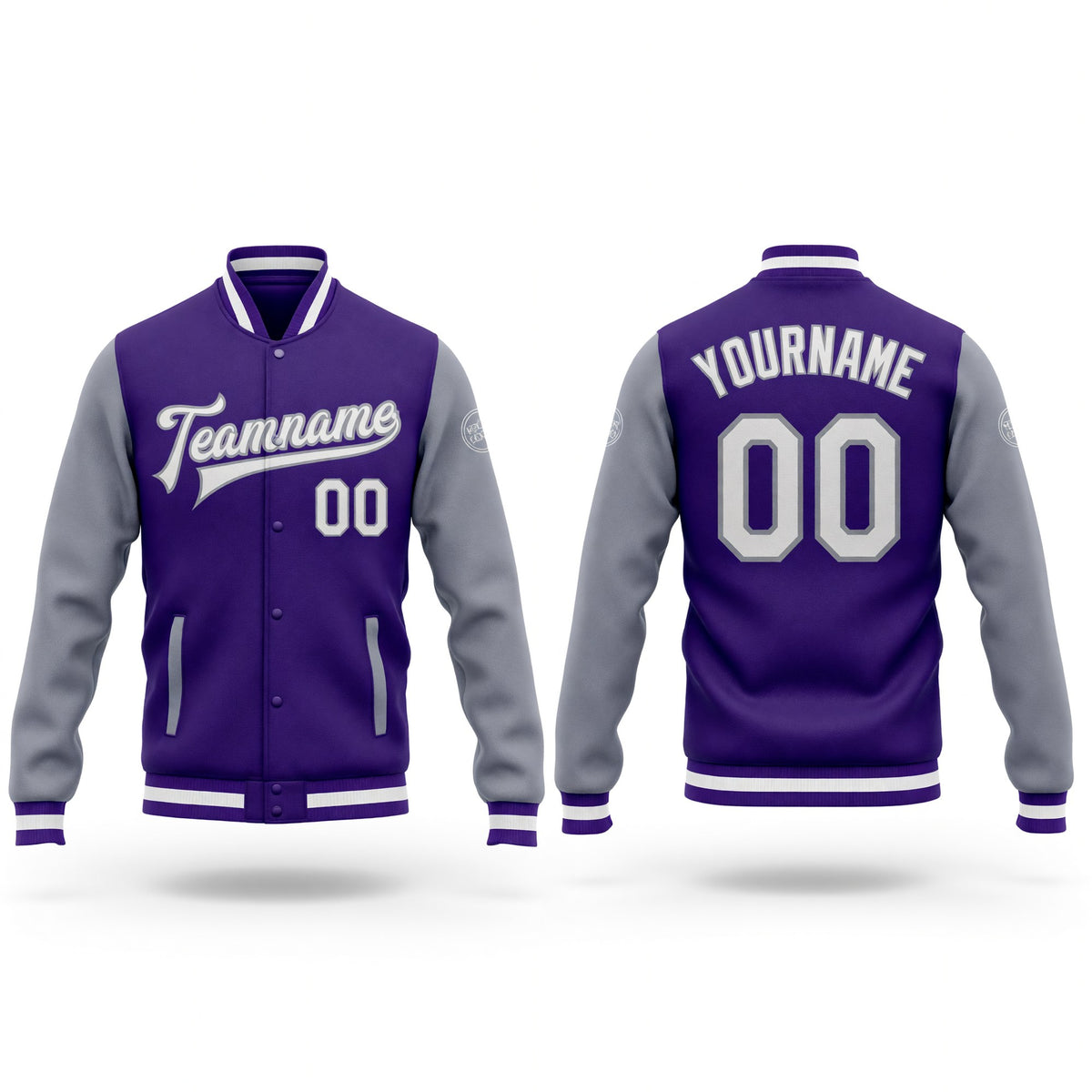 Custom Purple White-Gray Bomber Full-Snap Varsity Letterman Two Tone Jacket