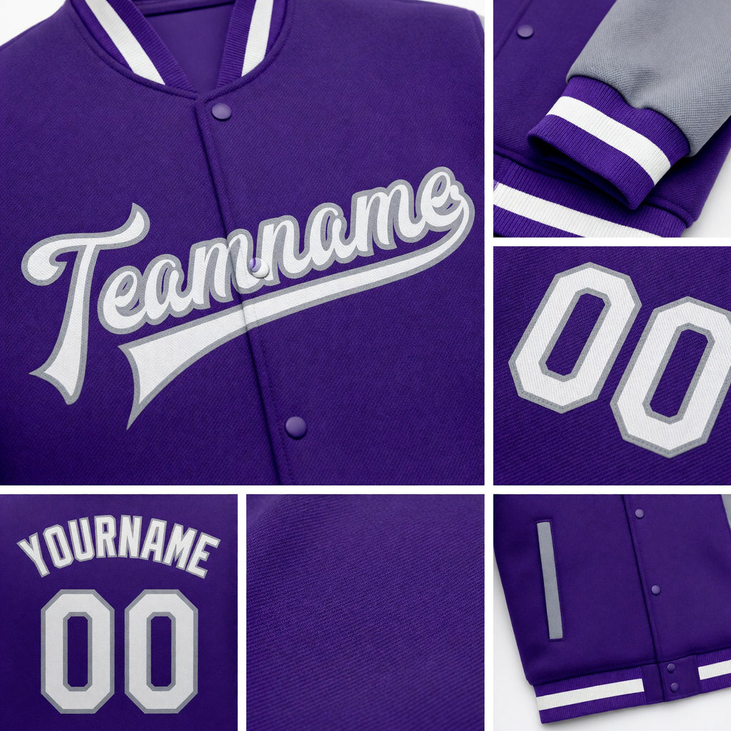 Custom Purple White-Gray Bomber Full-Snap Varsity Letterman Two Tone Jacket detail