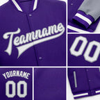 Custom Purple White-Gray Bomber Full-Snap Varsity Letterman Two Tone Jacket detail