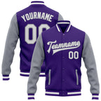 Custom Purple White-Gray Bomber Full-Snap Varsity Letterman Two Tone Jacket photo 1