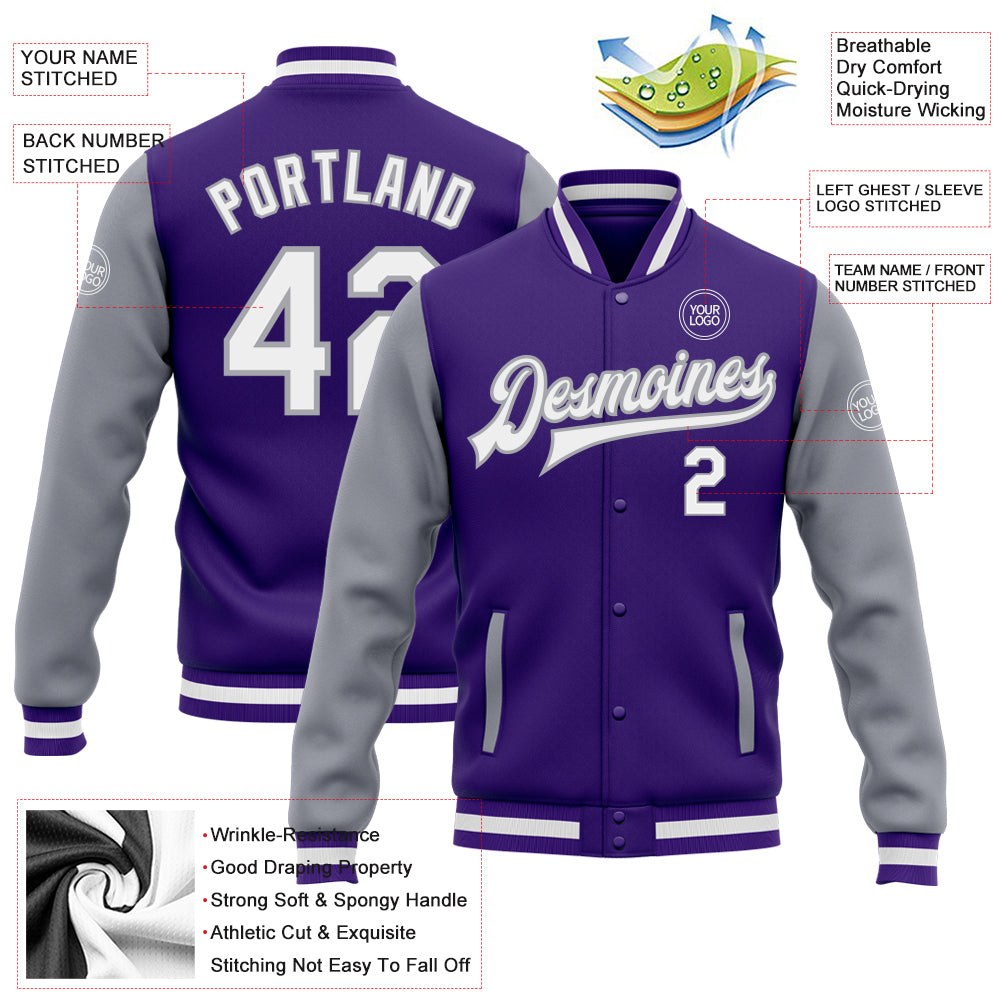 Custom Purple White-Gray Bomber Full-Snap Varsity Letterman Two Tone Jacket photo 5