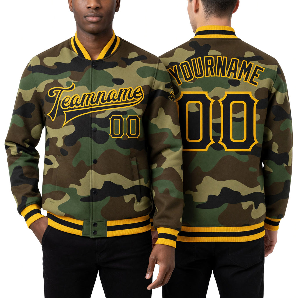 Custom Camo Black-Gold Bomber Full-Snap Varsity Letterman Salute To Service Jacket worn front and back