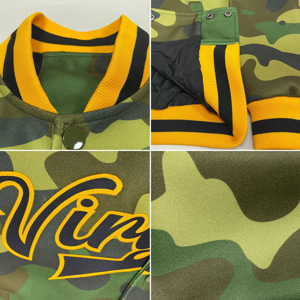 Custom Camo Black-Gold Bomber Full-Snap Varsity Letterman Salute To Service Jacket photo 4