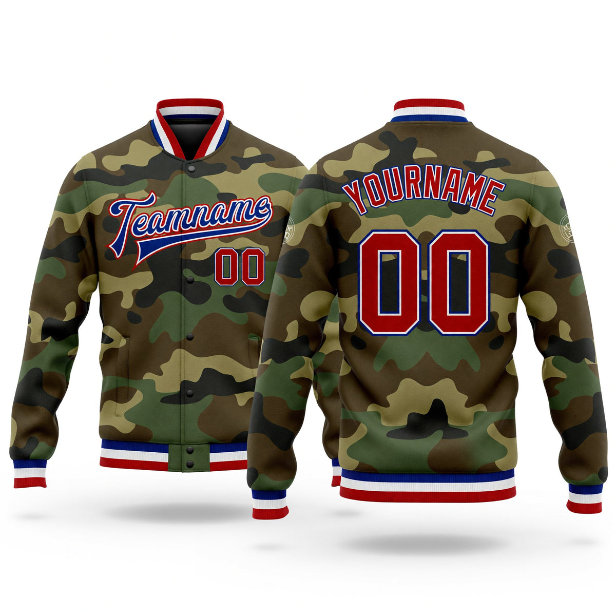 Custom Camo Red-Royal Bomber Full-Snap Varsity Letterman Salute To Service Jacket