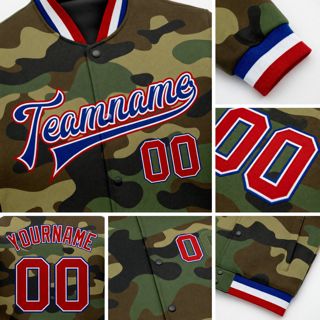 Custom Camo Red-Royal Bomber Full-Snap Varsity Letterman Salute To Service Jacket detail
