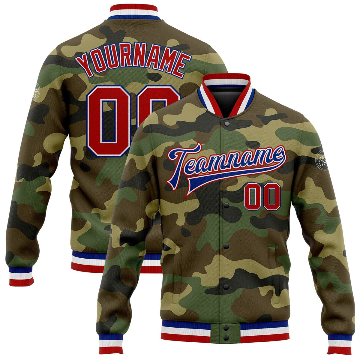 Custom Camo Red-Royal Bomber Full-Snap Varsity Letterman Salute To Service Jacket photo 1