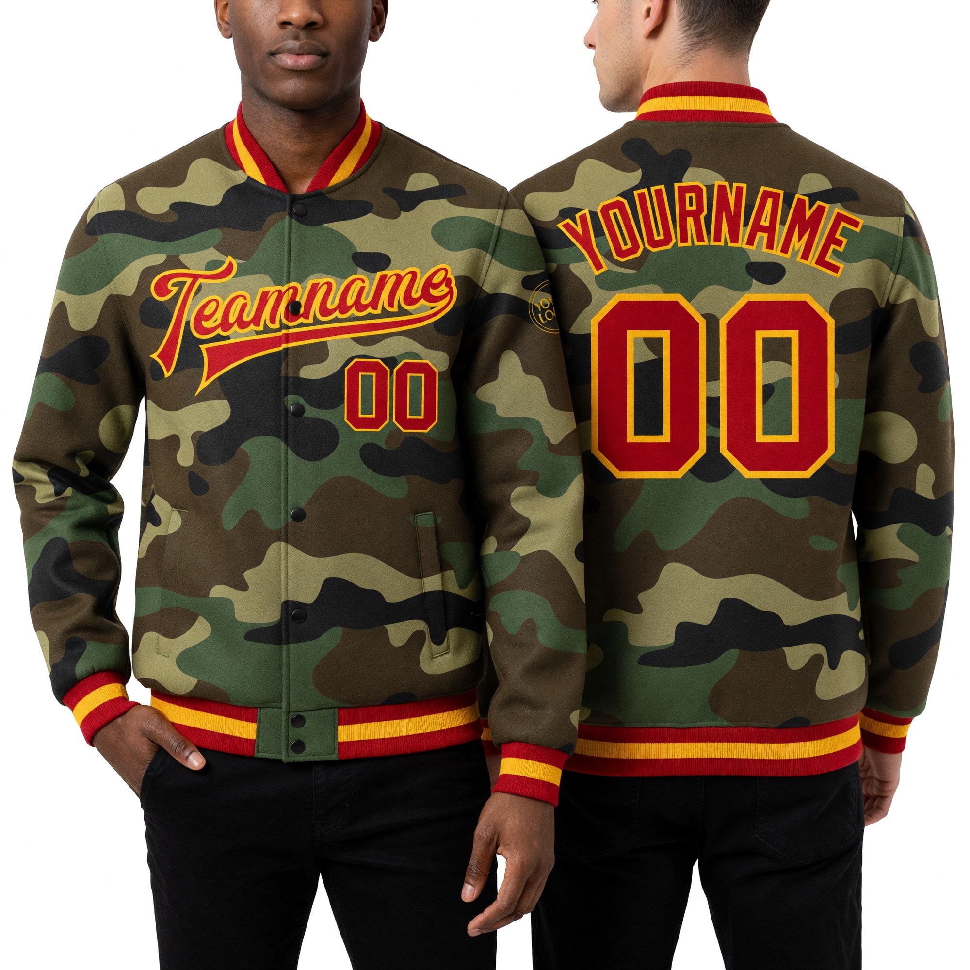 Custom Camo Red-Gold Bomber Full-Snap Varsity Letterman Salute To Service Jacket worn front and back
