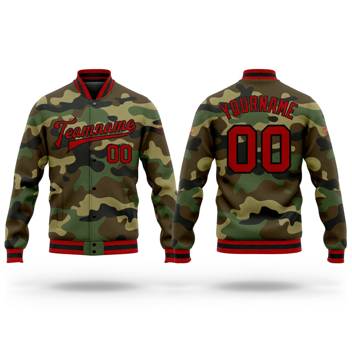 Custom Camo Red-Black Bomber Full-Snap Varsity Letterman Salute To Service Jacket