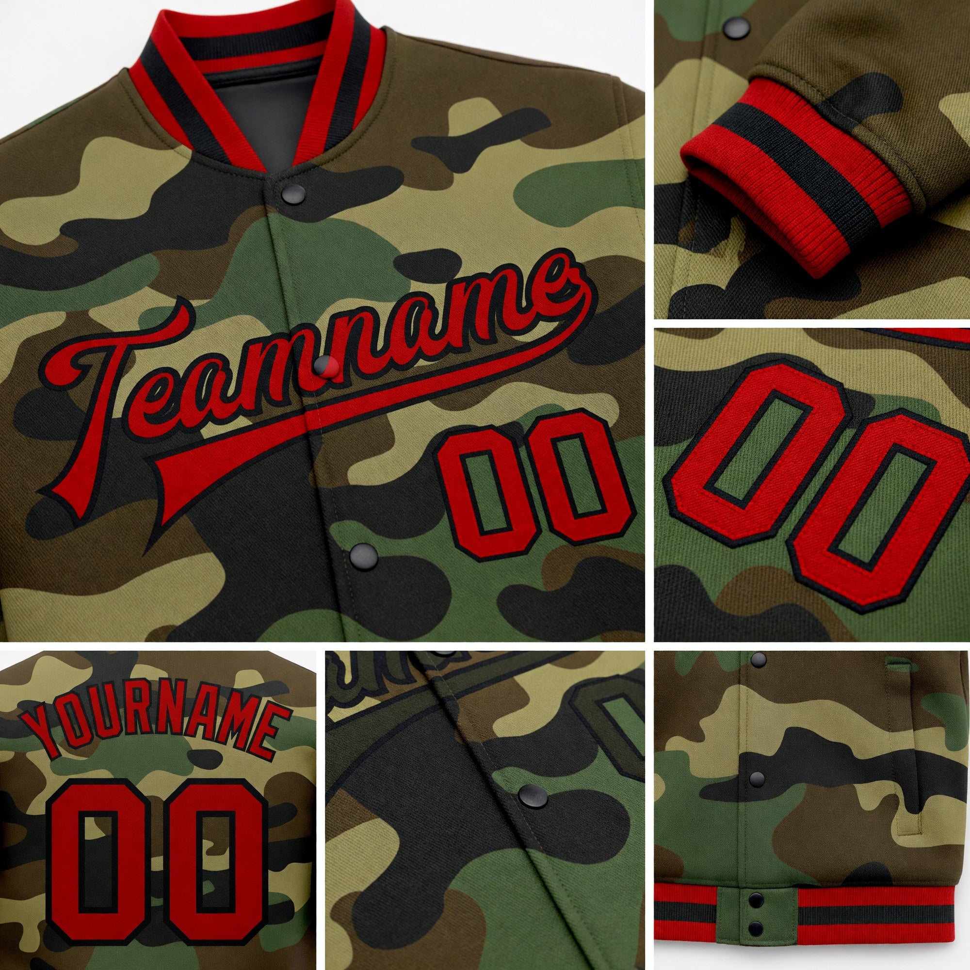 Custom Camo Red-Black Bomber Full-Snap Varsity Letterman Salute To Service Jacket detail