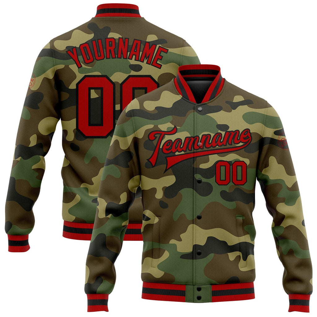 Custom Camo Red-Black Bomber Full-Snap Varsity Letterman Salute To Service Jacket photo 1