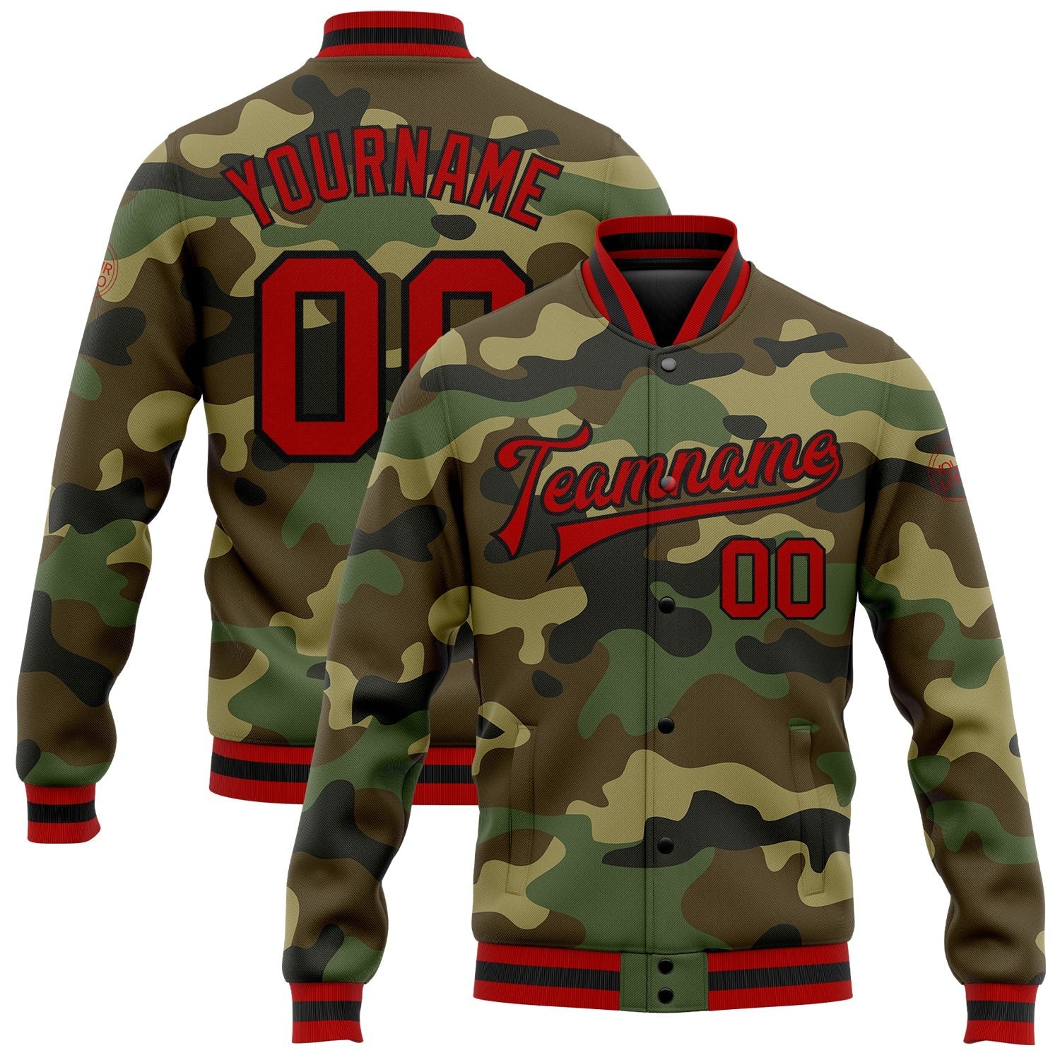 Custom Camo Red-Black Bomber Full-Snap Varsity Letterman Salute To Service Jacket photo 1