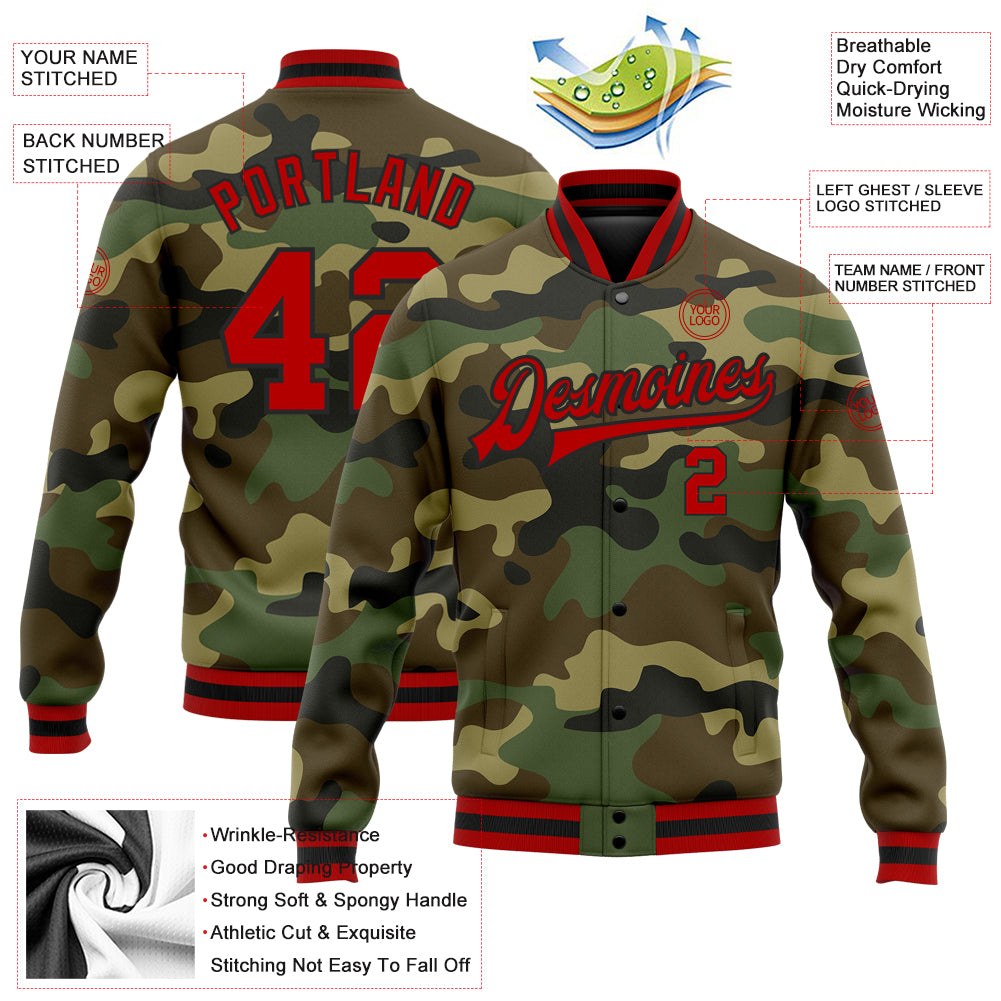 Custom Camo Red-Black Bomber Full-Snap Varsity Letterman Salute To Service Jacket photo 5