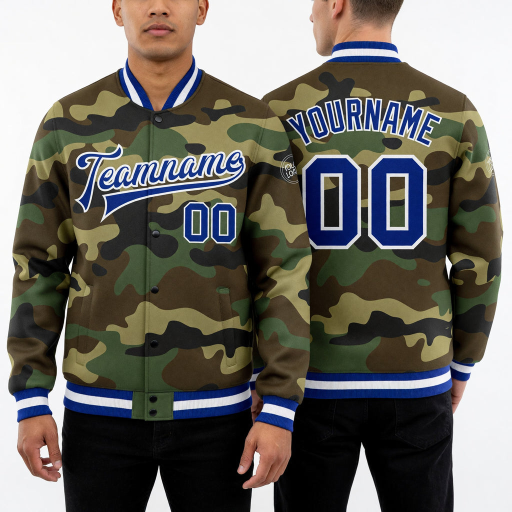 Custom Camo Royal-White Bomber Full-Snap Varsity Letterman Salute To Service Jacket worn front and back
