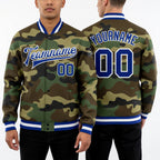 Custom Camo Royal-White Bomber Full-Snap Varsity Letterman Salute To Service Jacket worn front and back