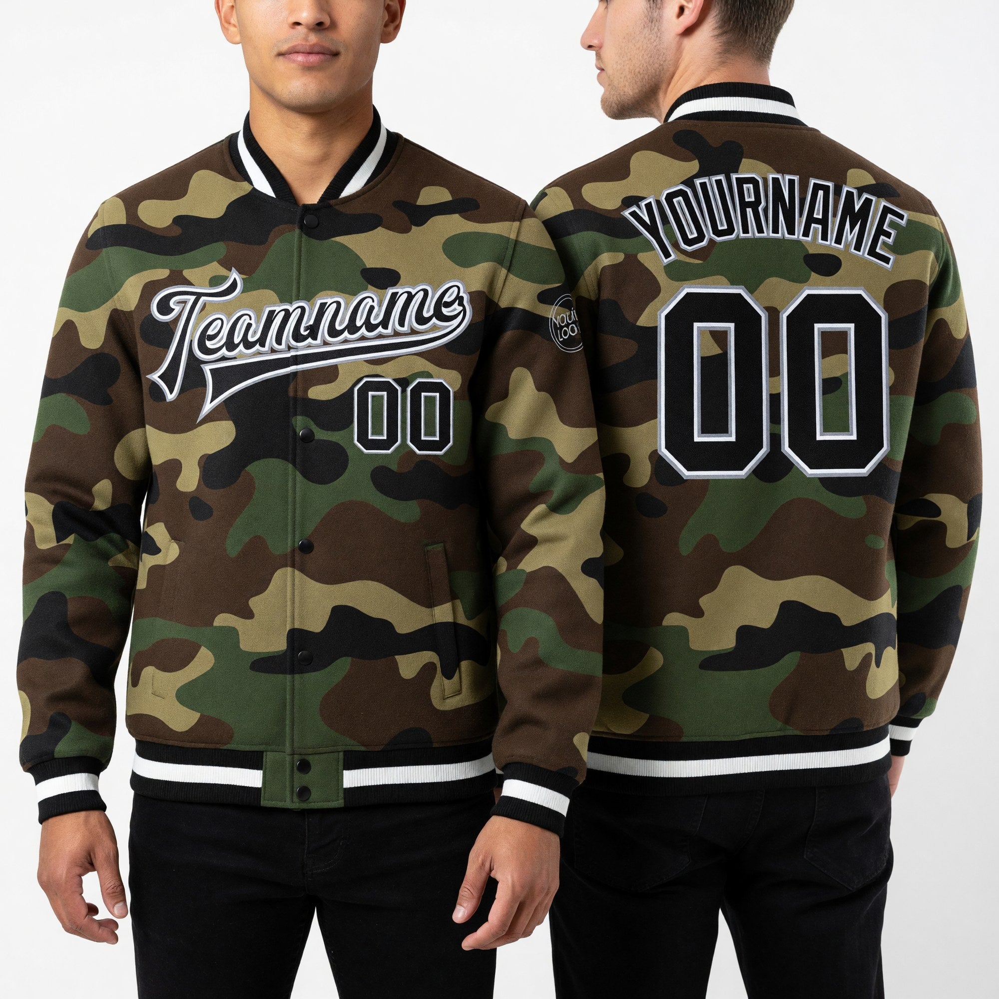Custom Camo Black-Gray Bomber Full-Snap Varsity Letterman Salute To Service Jacket worn front and back
