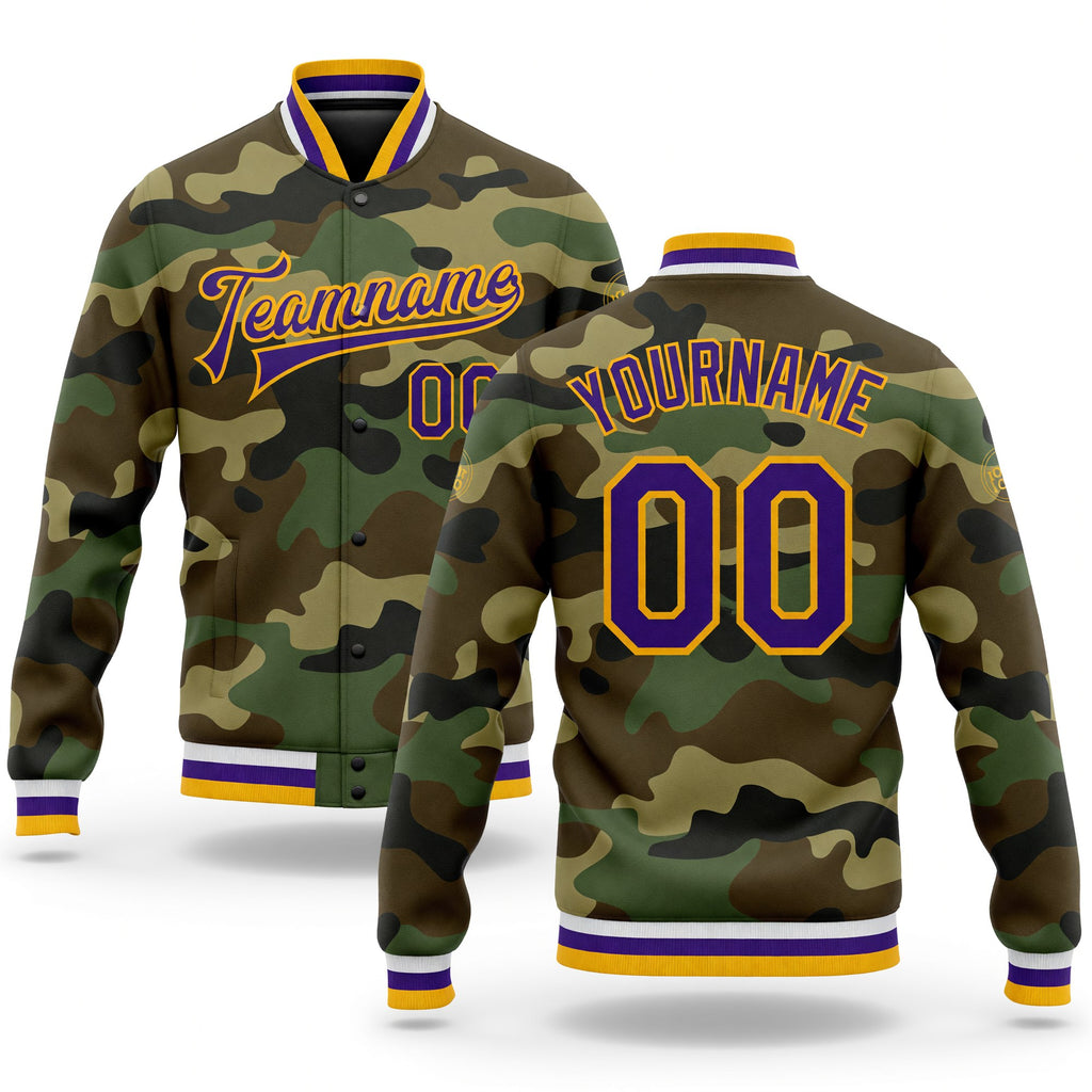 Custom Camo Purple-Gold Bomber Full-Snap Varsity Letterman Salute To Service Jacket