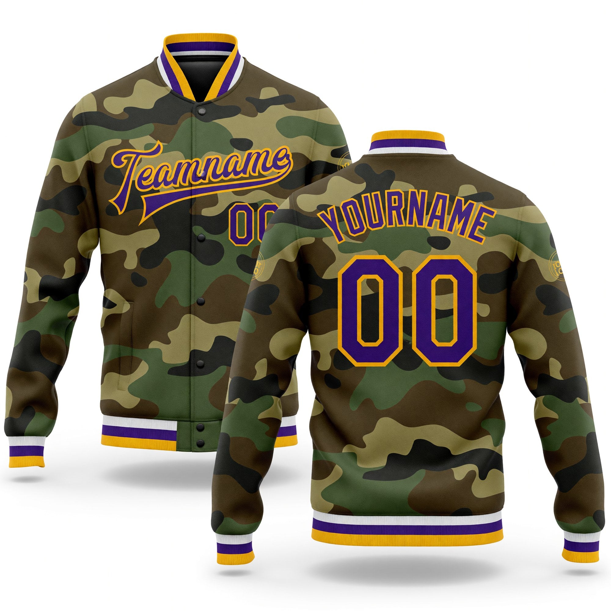 Custom Camo Purple-Gold Bomber Full-Snap Varsity Letterman Salute To Service Jacket