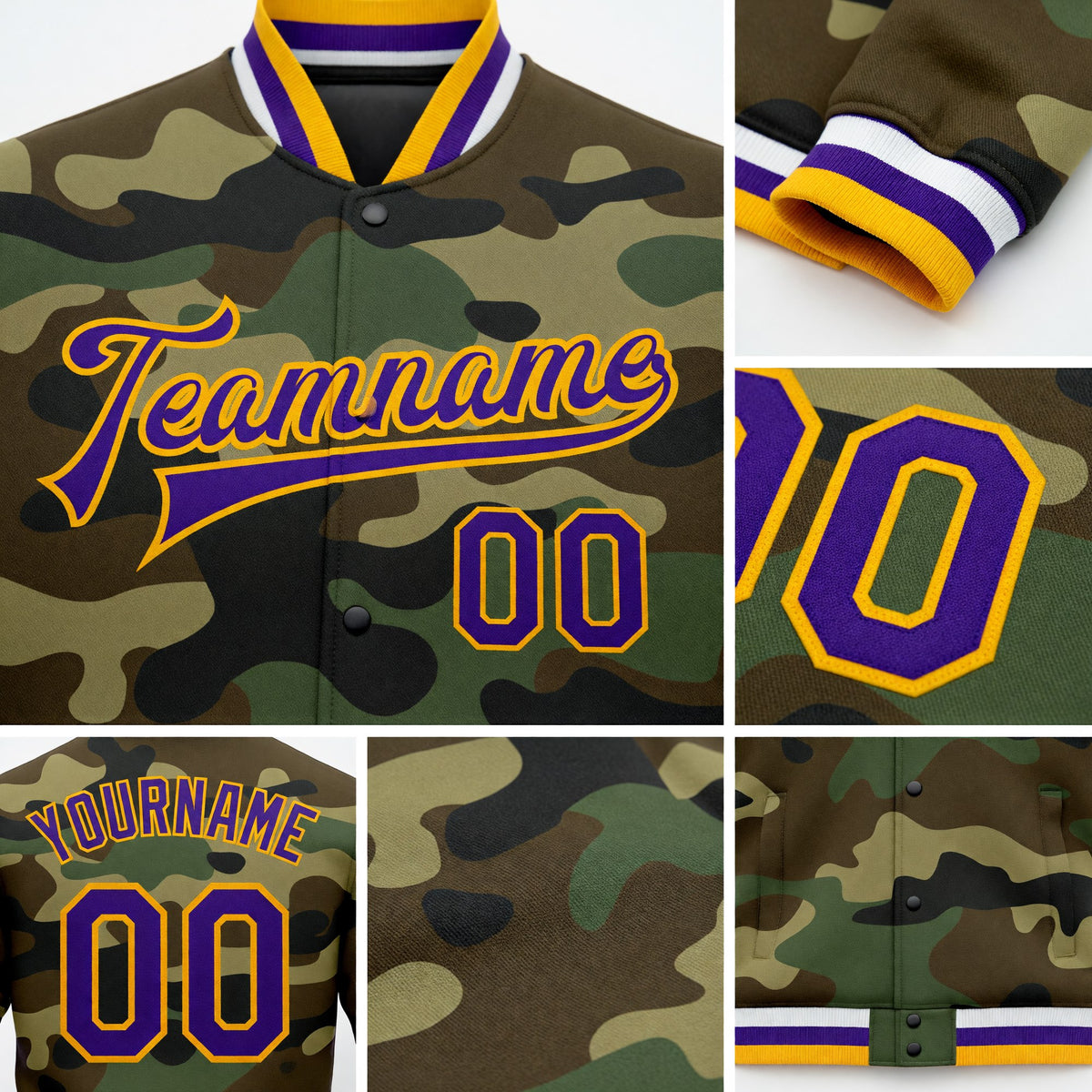 Custom Camo Purple-Gold Bomber Full-Snap Varsity Letterman Salute To Service Jacket detail