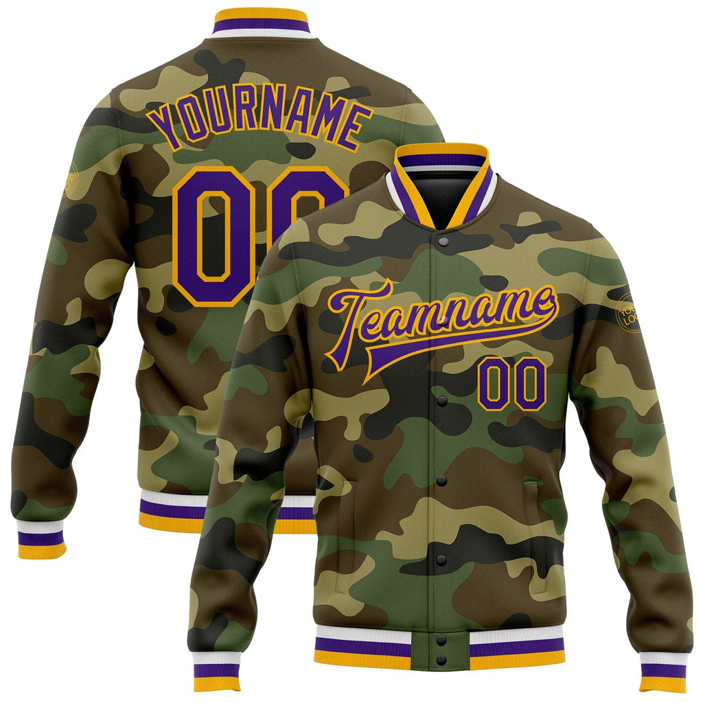 Custom Camo Purple-Gold Bomber Full-Snap Varsity Letterman Salute To Service Jacket photo 1