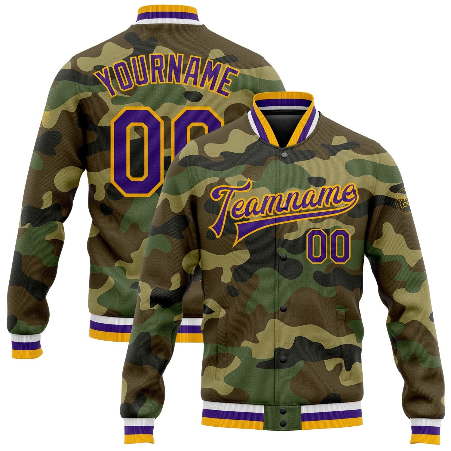 Custom Camo Purple-Gold Bomber Full-Snap Varsity Letterman Salute To Service Jacket photo 1