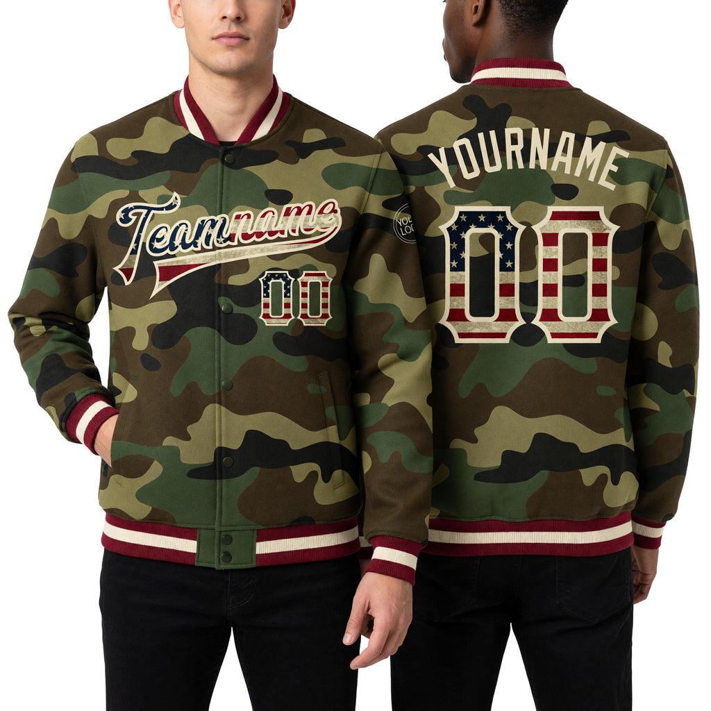 Custom Camo Vintage USA Flag Cream-Maroon Bomber Full-Snap Varsity Letterman Salute To Service Jacket worn front and back