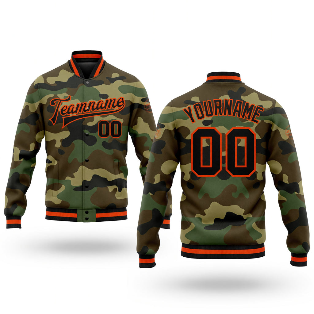 Custom Camo Black-Orange Bomber Full-Snap Varsity Letterman Salute To Service Jacket