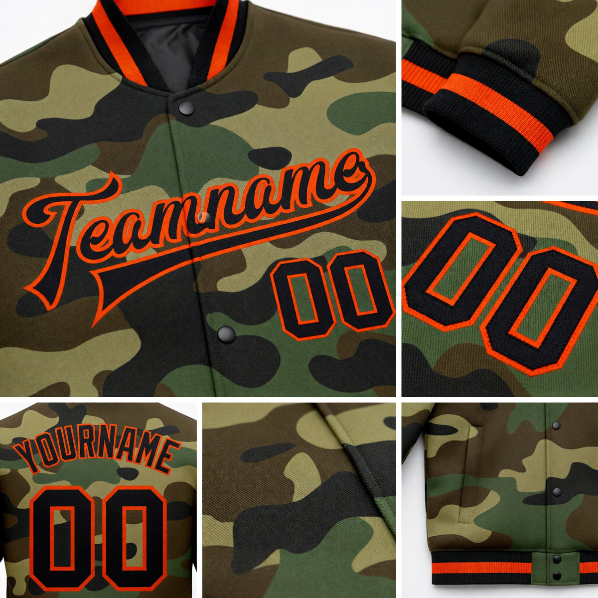 Custom Camo Black-Orange Bomber Full-Snap Varsity Letterman Salute To Service Jacket detail