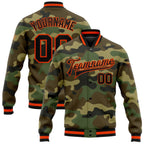 Custom Camo Black-Orange Bomber Full-Snap Varsity Letterman Salute To Service Jacket photo 1