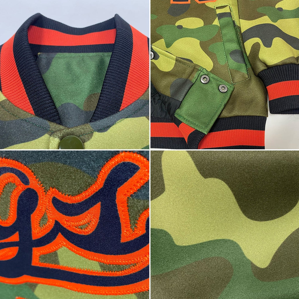 Custom Camo Black-Orange Bomber Full-Snap Varsity Letterman Salute To Service Jacket photo 4