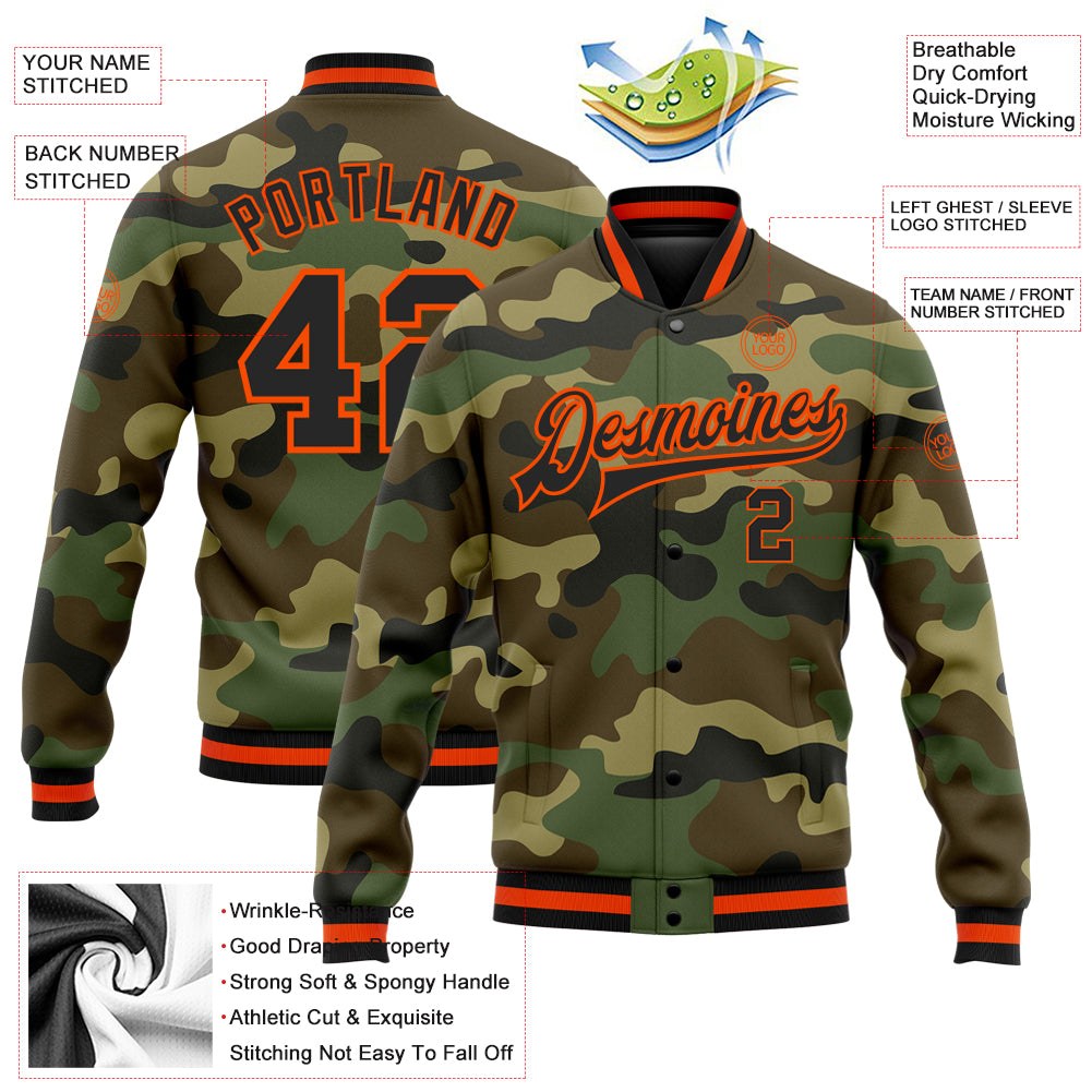 Custom Camo Black-Orange Bomber Full-Snap Varsity Letterman Salute To Service Jacket photo 5
