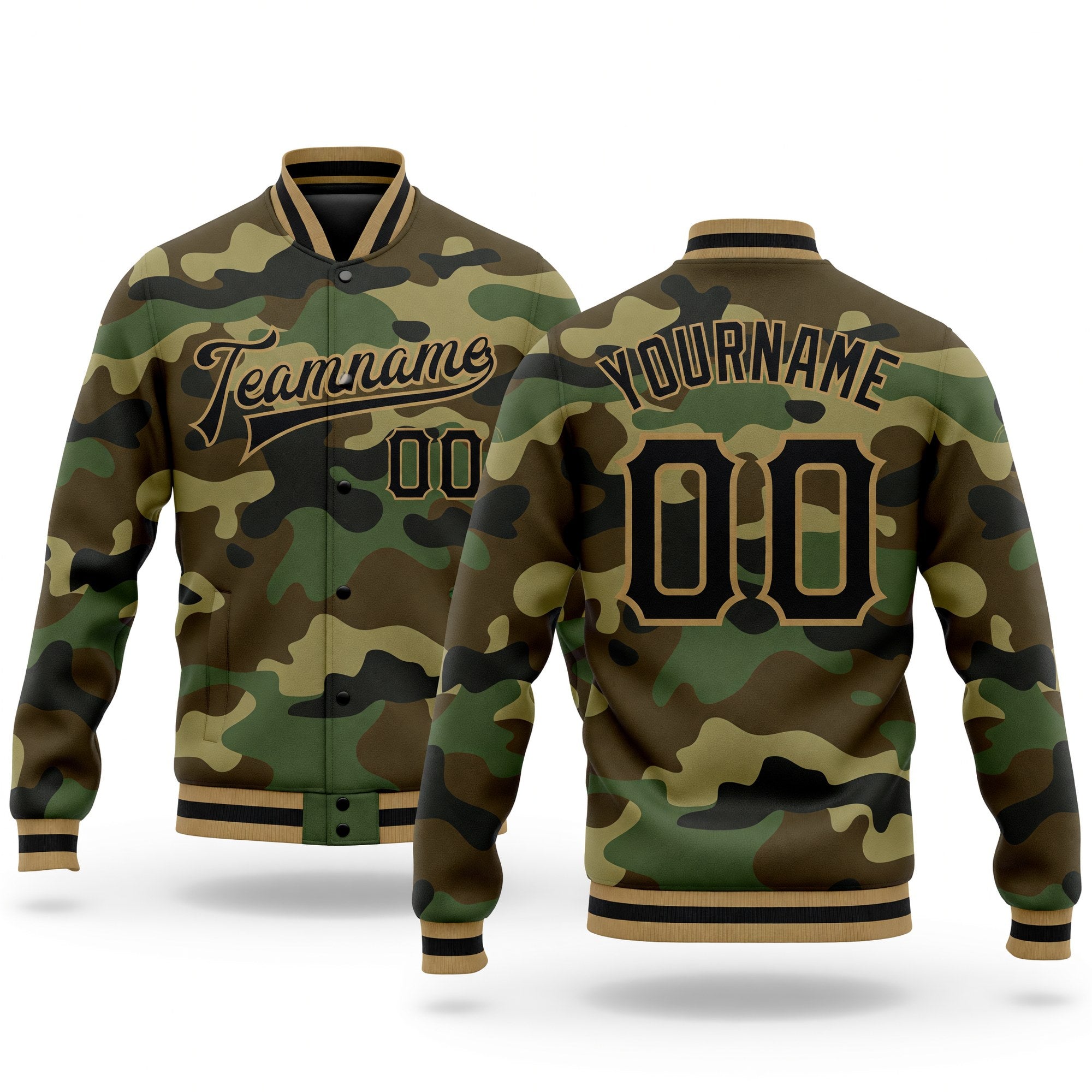 Custom Camo Black-Old Gold Bomber Full-Snap Varsity Letterman Salute To Service Jacket