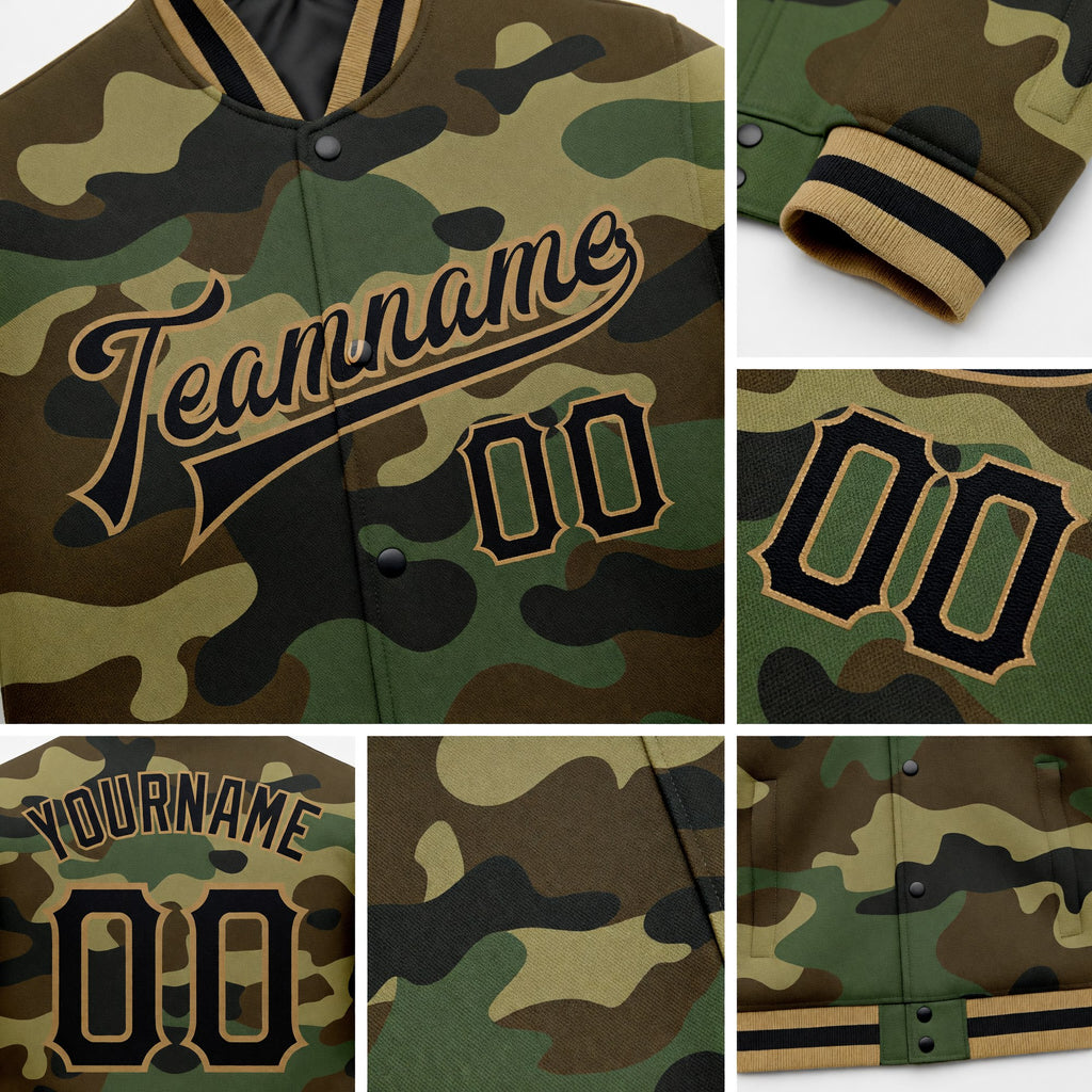 Custom Camo Black-Old Gold Bomber Full-Snap Varsity Letterman Salute To Service Jacket detail