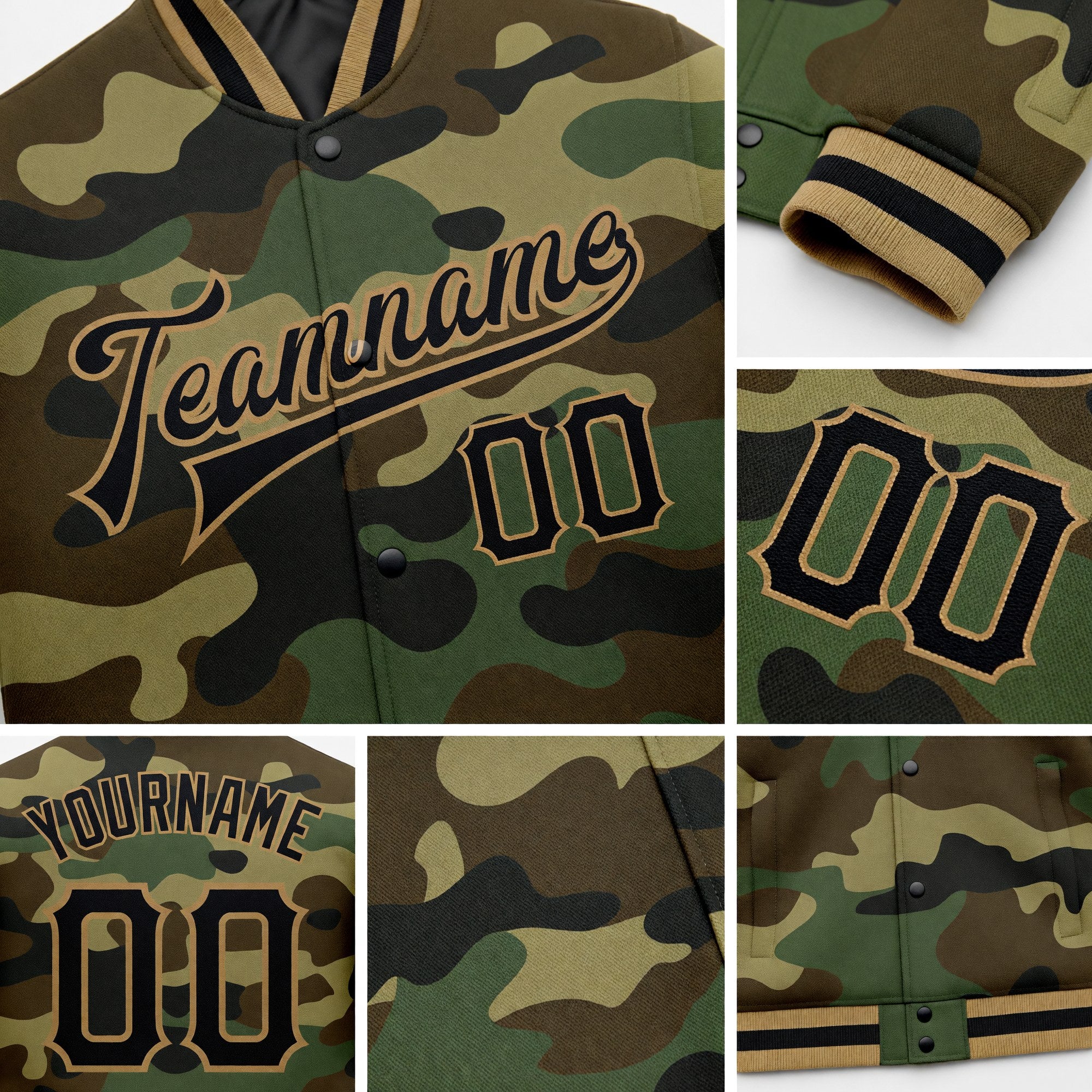 Custom Camo Black-Old Gold Bomber Full-Snap Varsity Letterman Salute To Service Jacket detail