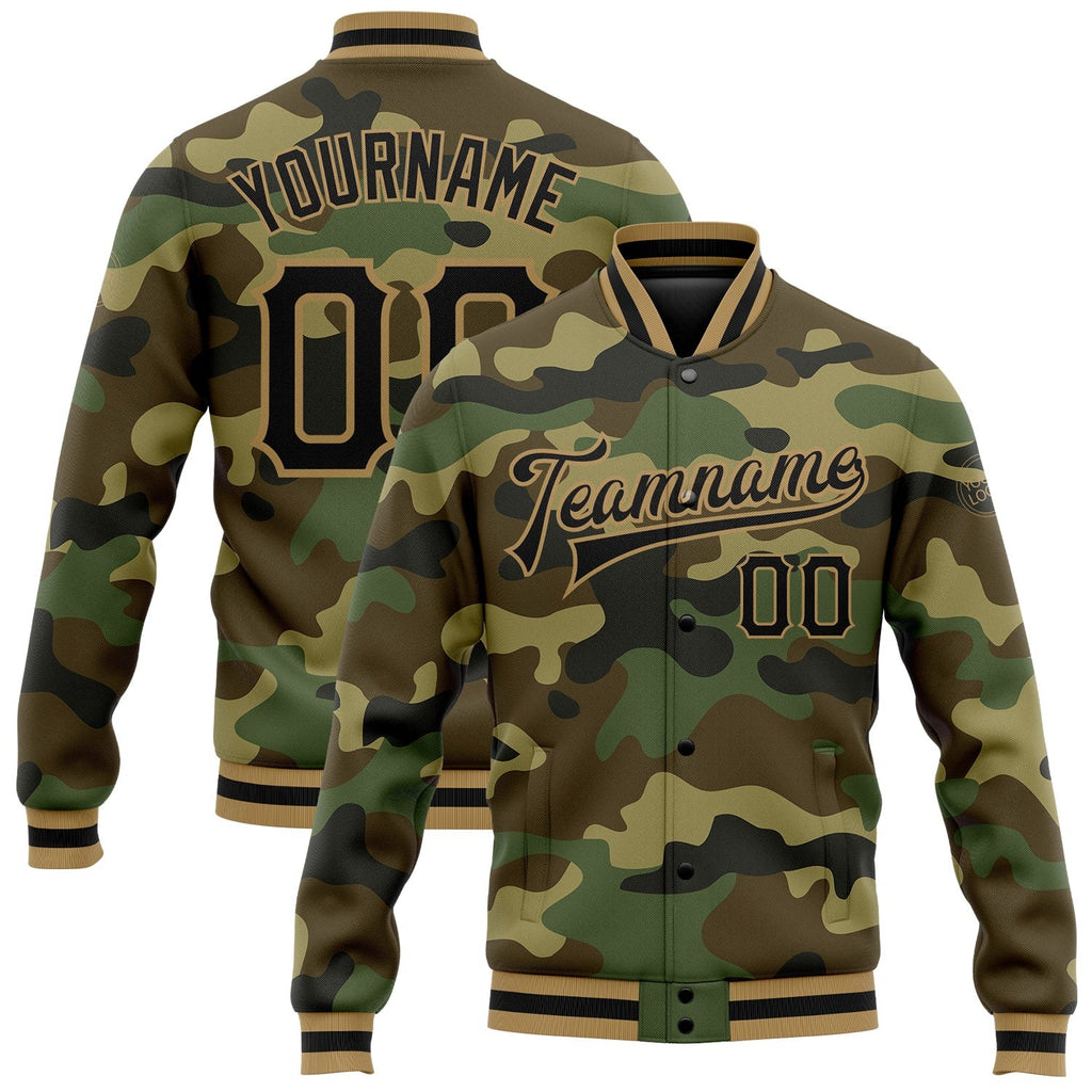 Custom Camo Black-Old Gold Bomber Full-Snap Varsity Letterman Salute To Service Jacket photo 1