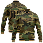 Custom Camo Black-Old Gold Bomber Full-Snap Varsity Letterman Salute To Service Jacket photo 1